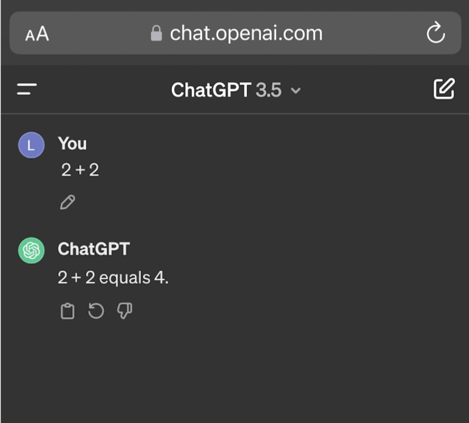 Chat GPT solves a basic addition problem. This is a prevalent form of AI that students have used in class. 
